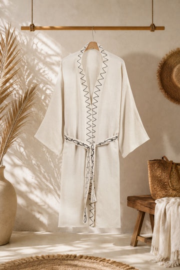 RIVA Kimono Kaftan – Doğal Keten Pamuk, El İşleme Detaylı, Çok Amaçlı Kullanım