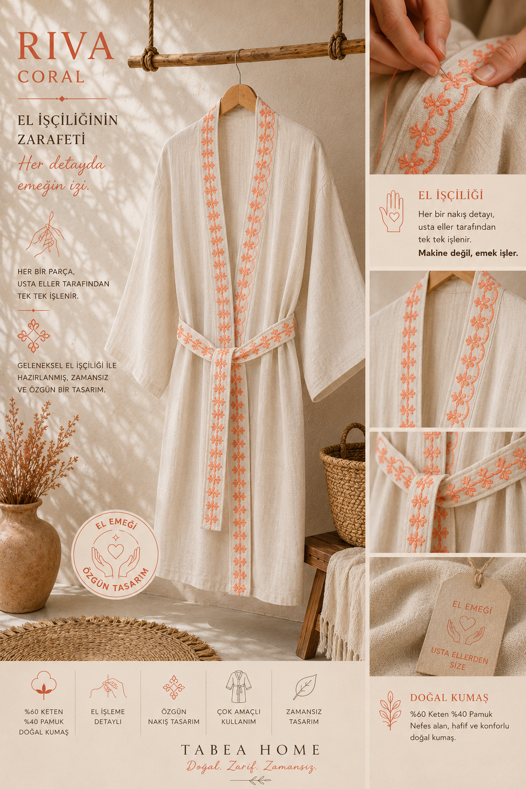 RIVA Kimono Kaftan – Doğal Keten Pamuk, El İşleme Detaylı, Çok Amaçlı Kullanım