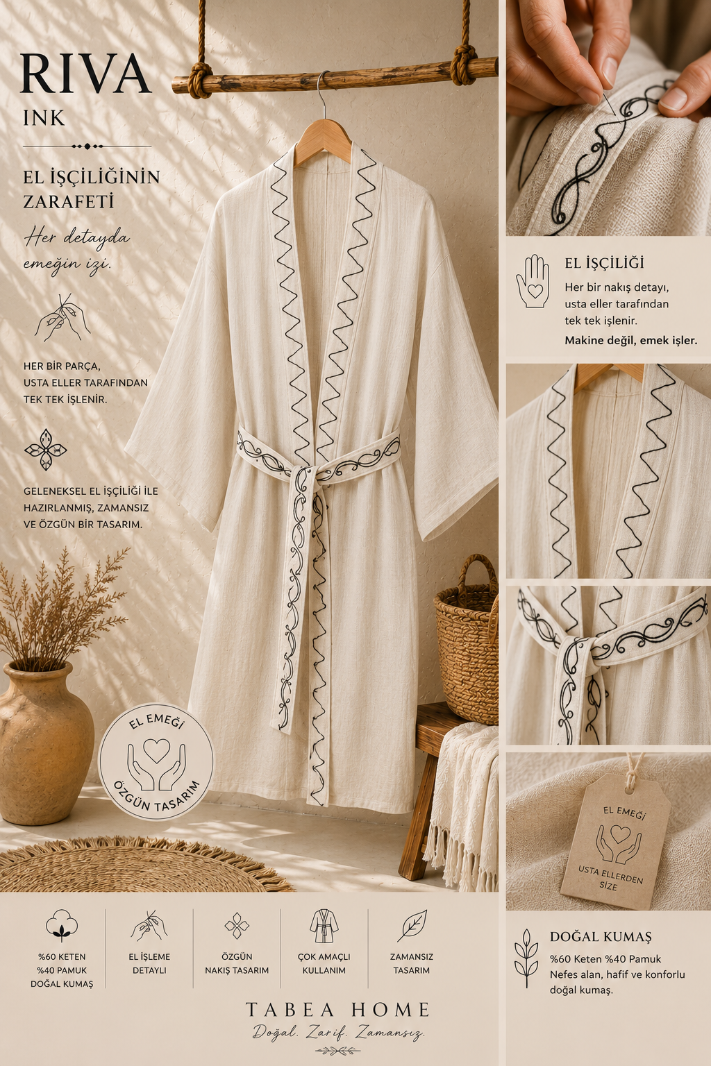 RIVA Kimono Kaftan – Doğal Keten Pamuk, El İşleme Detaylı, Çok Amaçlı Kullanım