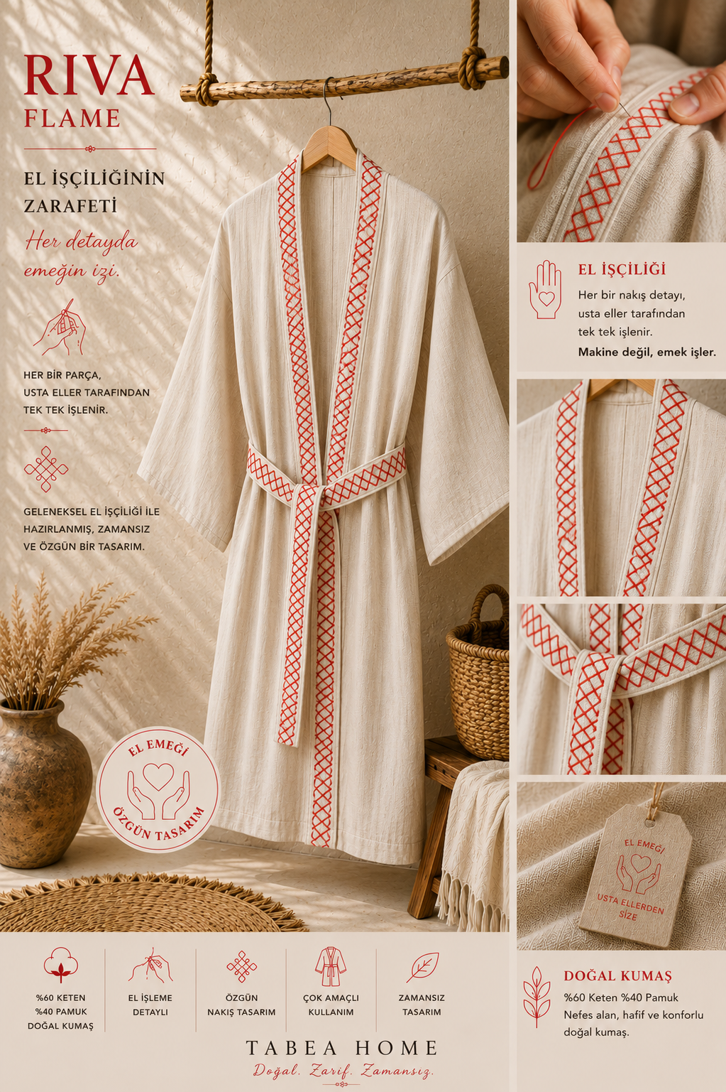 RIVA Kimono Kaftan – Doğal Keten Pamuk, El İşleme Detaylı, Çok Amaçlı Kullanım