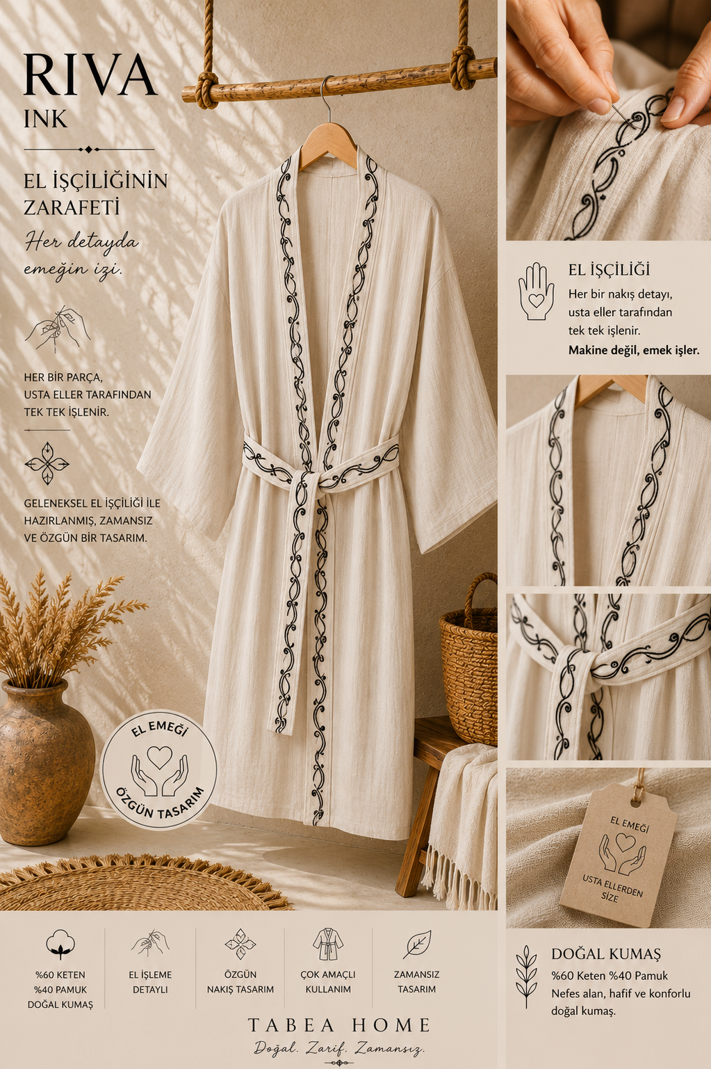 RIVA Kimono Kaftan – Doğal Keten Pamuk, El İşleme Detaylı, Çok Amaçlı Kullanım