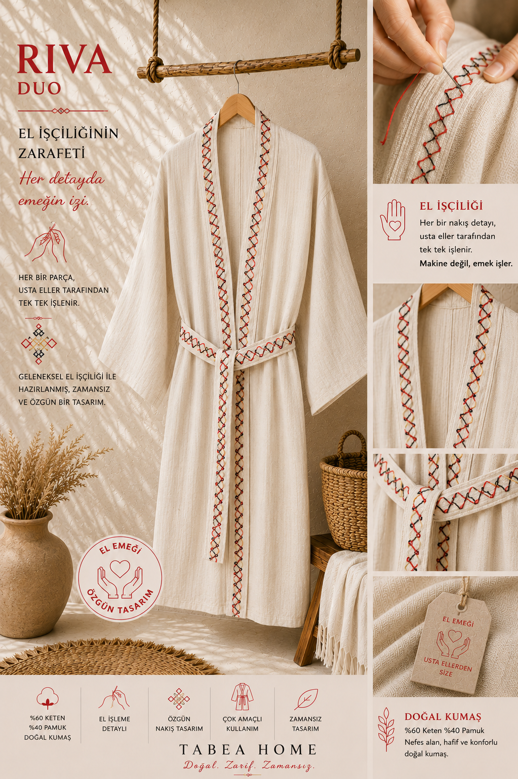 RIVA Kimono Kaftan – Doğal Keten Pamuk, El İşleme Detaylı, Çok Amaçlı Kullanım