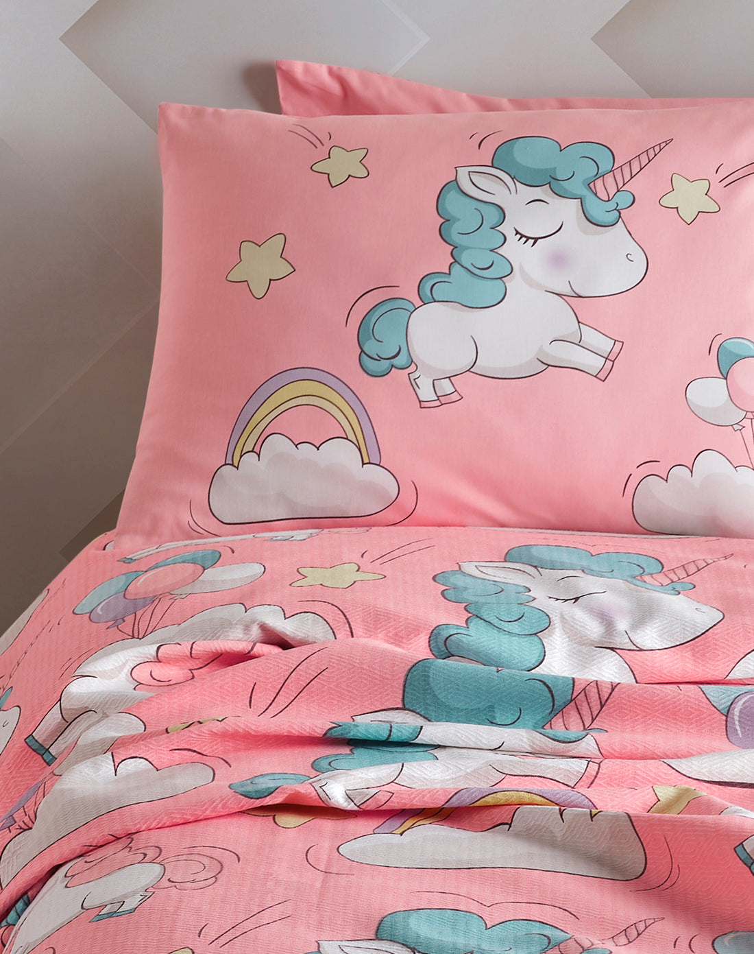 Baskılı Pike Takımı Tek Kişilik Unicornio Pembe - 029988