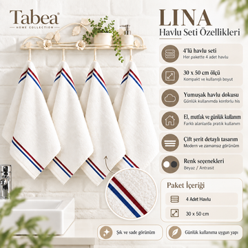 Lina 4'lü Pamuklu Mutfak Havlusu 30x50 cm Yumuşak Dokulu | Beyaz |