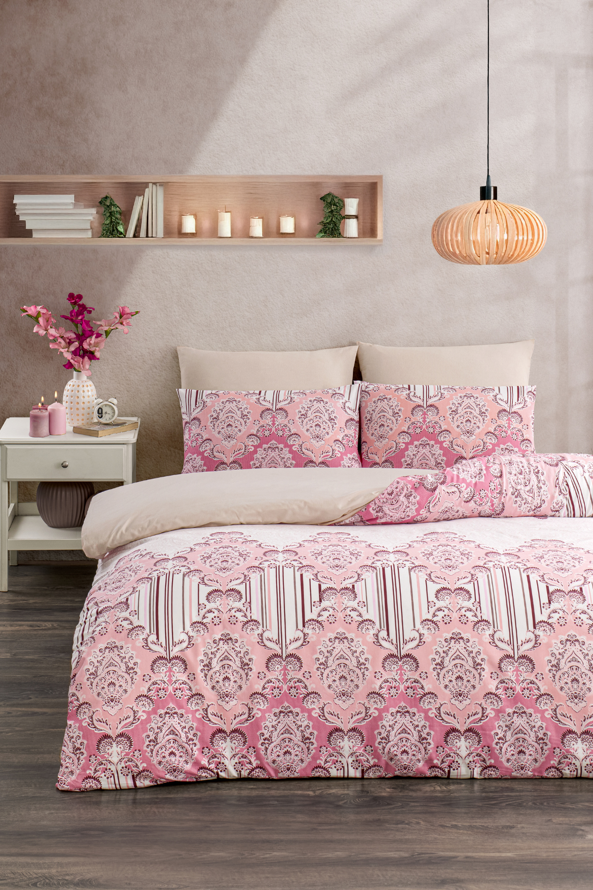 Soft Dreams Serisi | Rose Çift Kişilik Pamuklu Desenli Nevresim Takımı | Lastikli Çarşaflı |