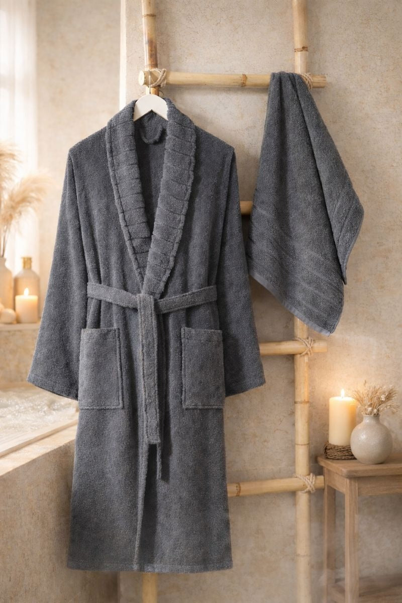 Fluffy Havlulu Bornoz Seti 4'lü | Pamuklu | Antrasit-Mürdüm |