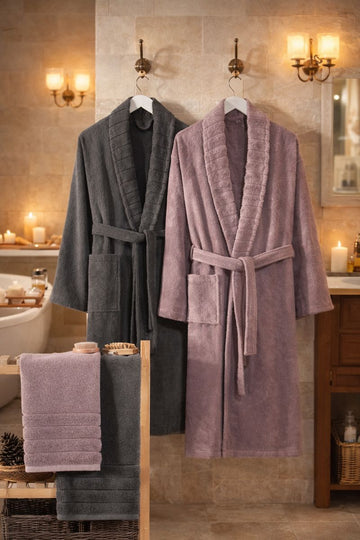 Fluffy Havlulu Bornoz Seti 4'lü | Pamuklu | Antrasit-Mürdüm |