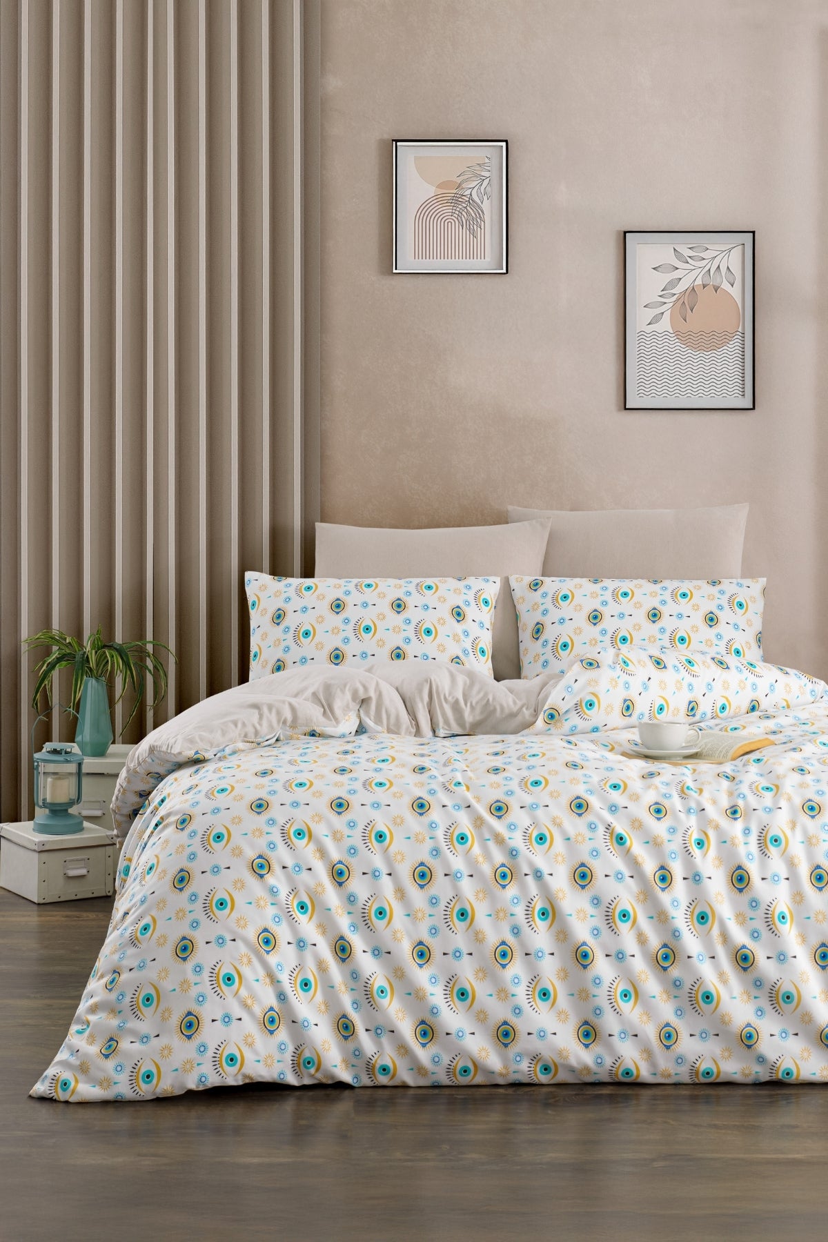 Soft Dreams Serisi | Göz Çift Kişilik Pamuklu Desenli Nevresim Takımı | Lastikli Çarşaflı |