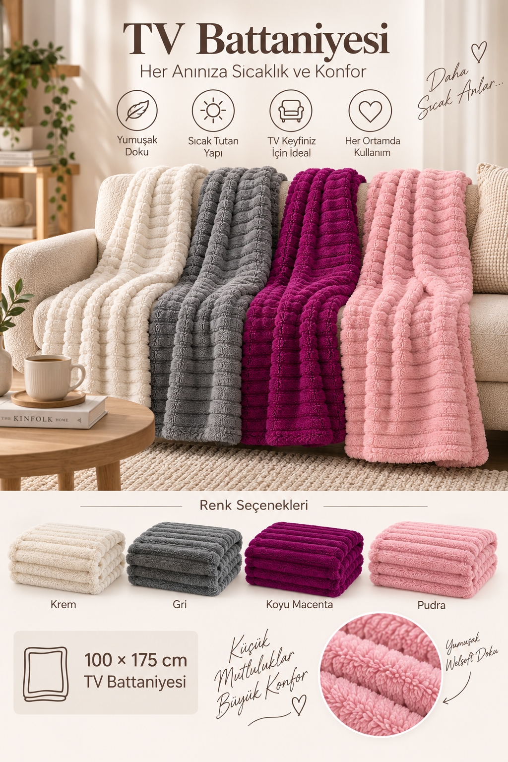 Peluş Welsoft TV Battaniyesi – 100 × 175 cm | Magenta |