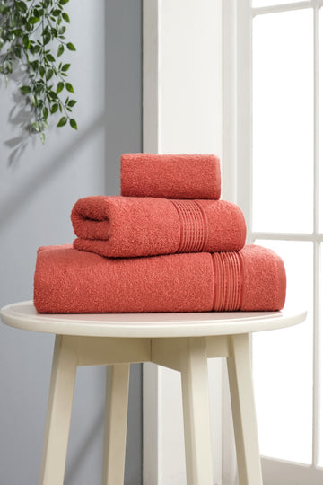 Trio 3'lü Banyo Havlu Seti | Pamuklu | Çeyiz Seti | Kiremit |